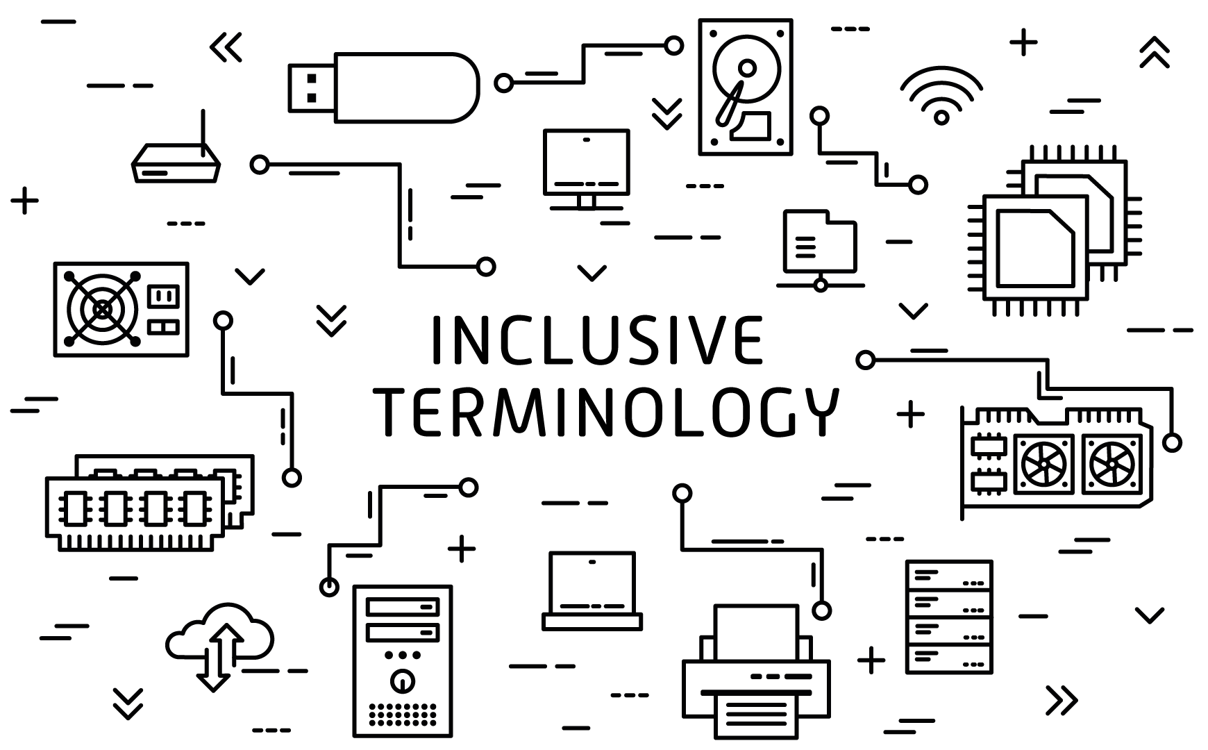 A graphic depicting technology and the phrase "inclusive terminology"