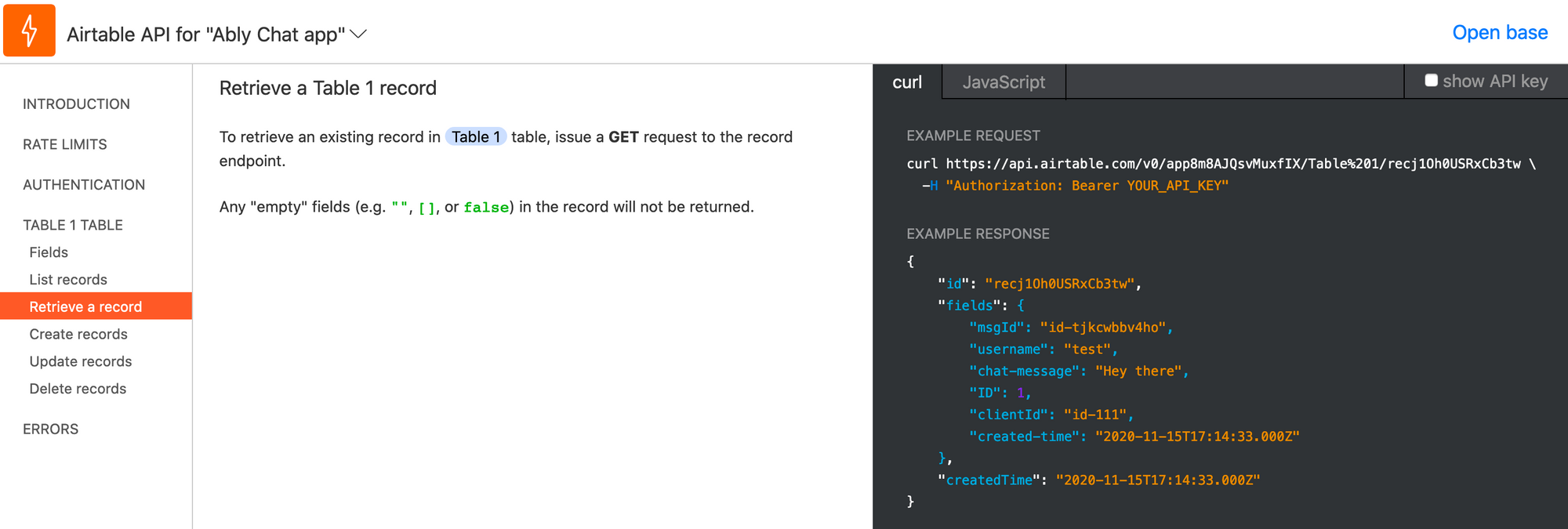Airtable API showing the Ably chat app